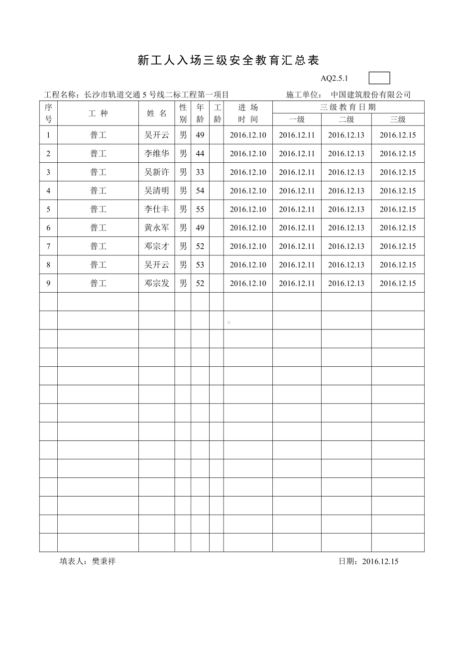 新工人入场三级安全教育汇总表（普工）.doc_第1页