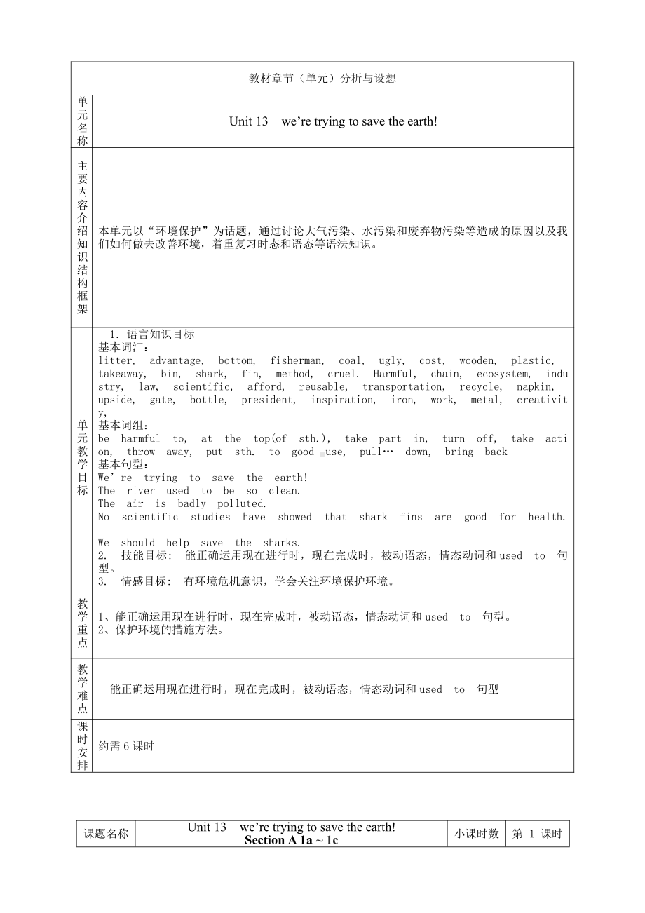 人教版九年级Unit 13 We're trying to save the earth!-Section A 1a—1c-教案、教学设计-公开课-(配套课件编号：e13f5).doc_第1页