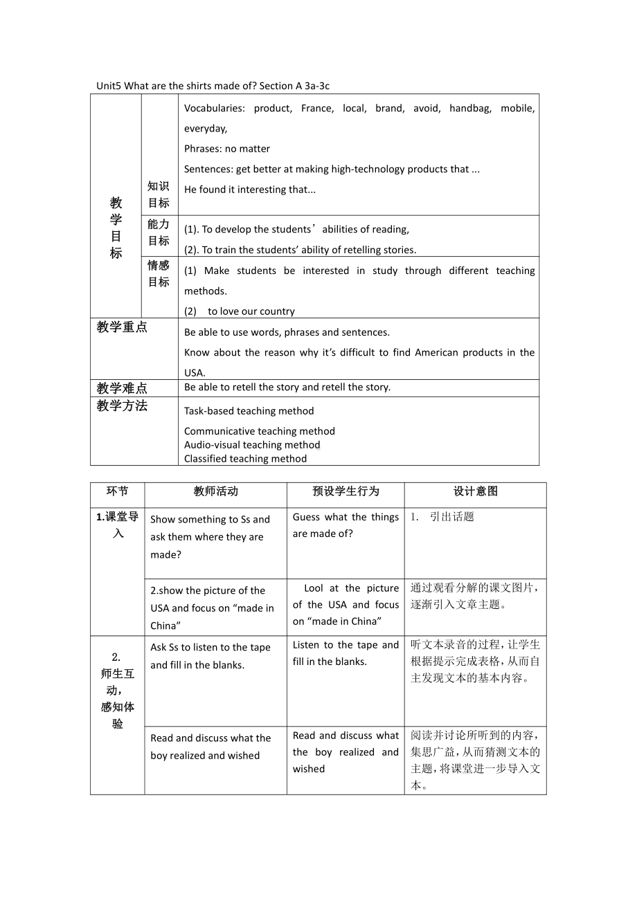 人教版九年级Unit 5 What are the shirts made of -Section A 3a—3c-教案、教学设计-部级优课-(配套课件编号：1506e).docx_第1页