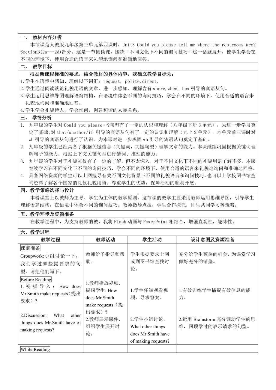 人教版九年级Unit 3 Could you tell me where the restrooms are -Section B 2a—3b Self check-教案、教学设计-部级优课-(配套课件编号：f2786).doc_第1页