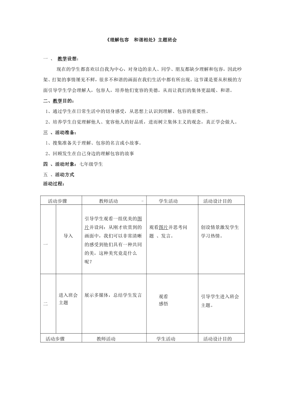 《理解包容-和谐相处》主题班会（教案、教学设计）.doc_第1页