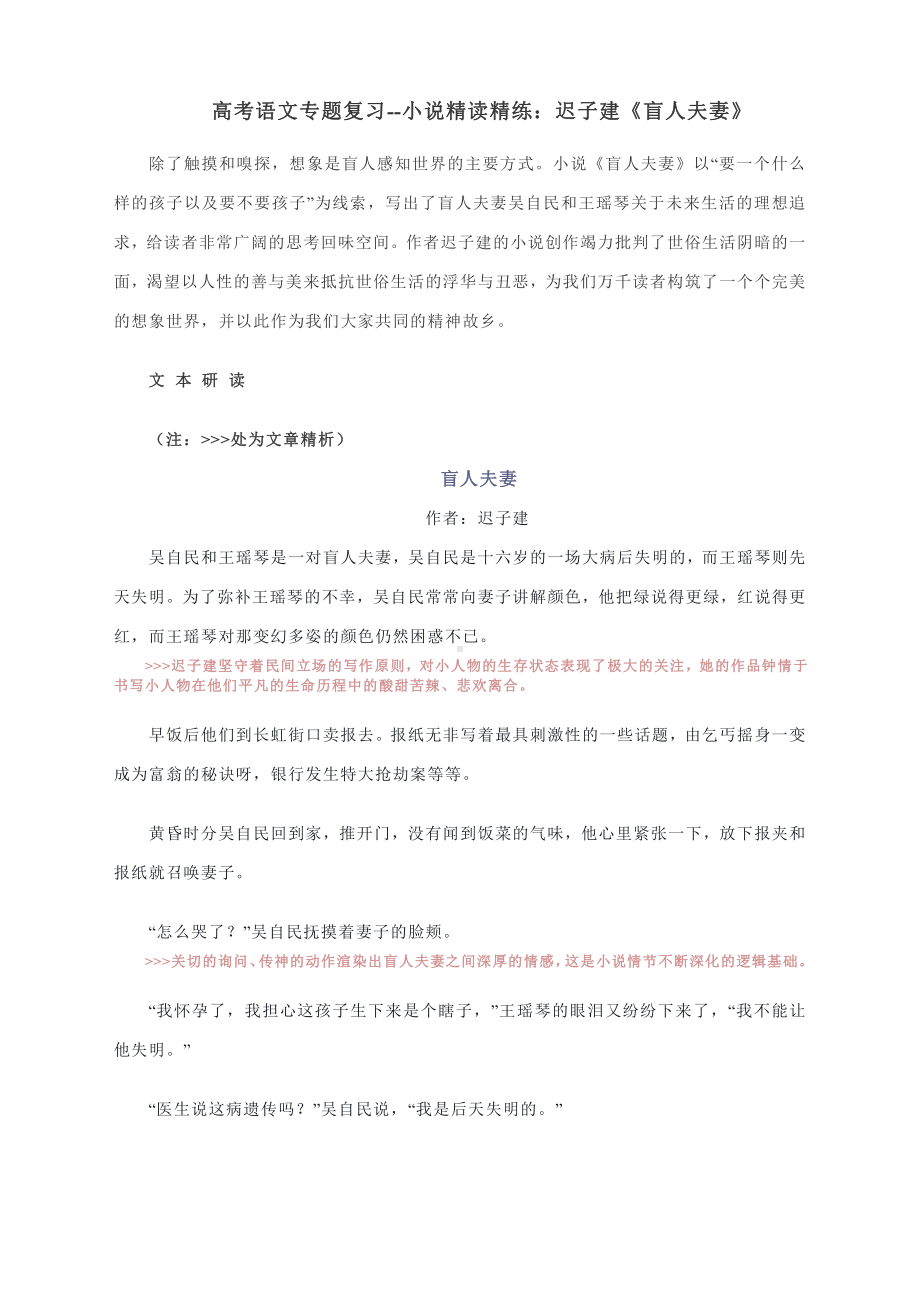 高考语文专题复习-小说精读精练：迟子建《盲人夫妻》.docx_第1页