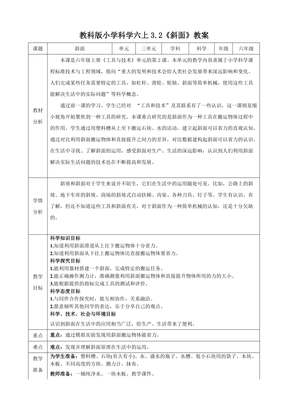 教科版六年级（上）科学3.2斜面（课件+教案+实验视频）.zip