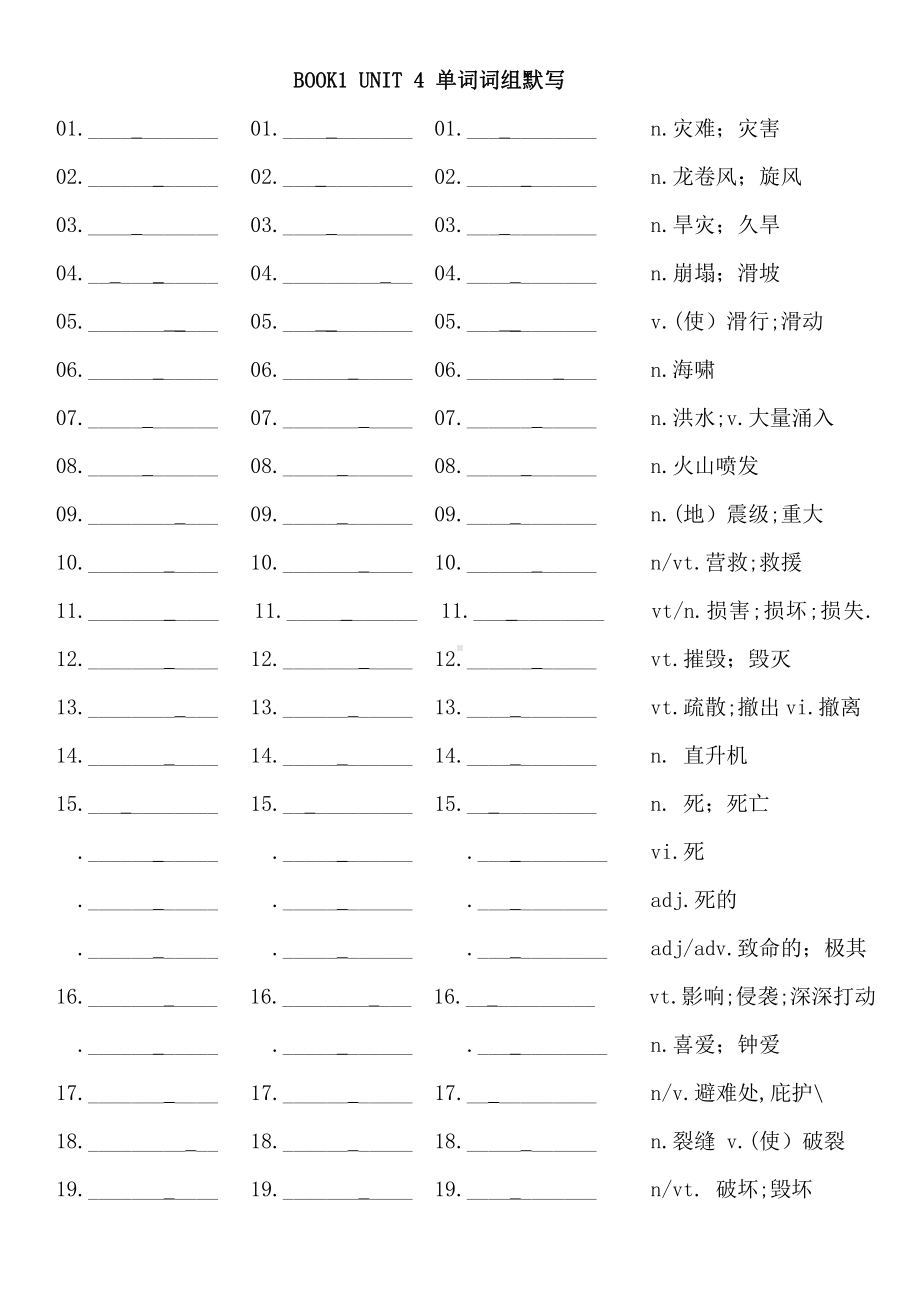 （2021新人教版）高中英语必修第一册 UNIT 4 NATURAL DISASTERS 单词表及扩充词汇默写(含答案).docx_第1页