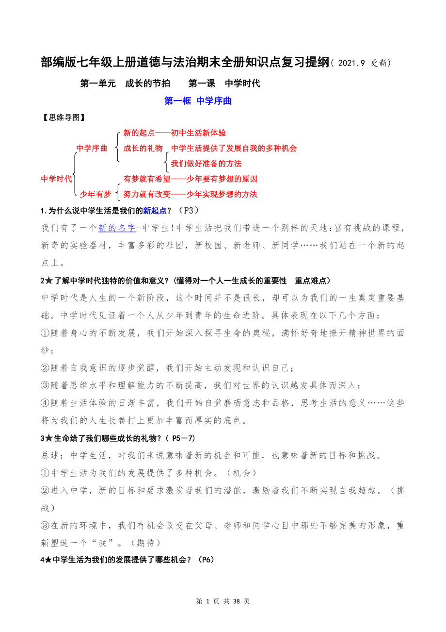 部编版七年级上册道德与法治期末全册知识点复习提纲（含期中+期末试卷及答案2套）.docx_第1页