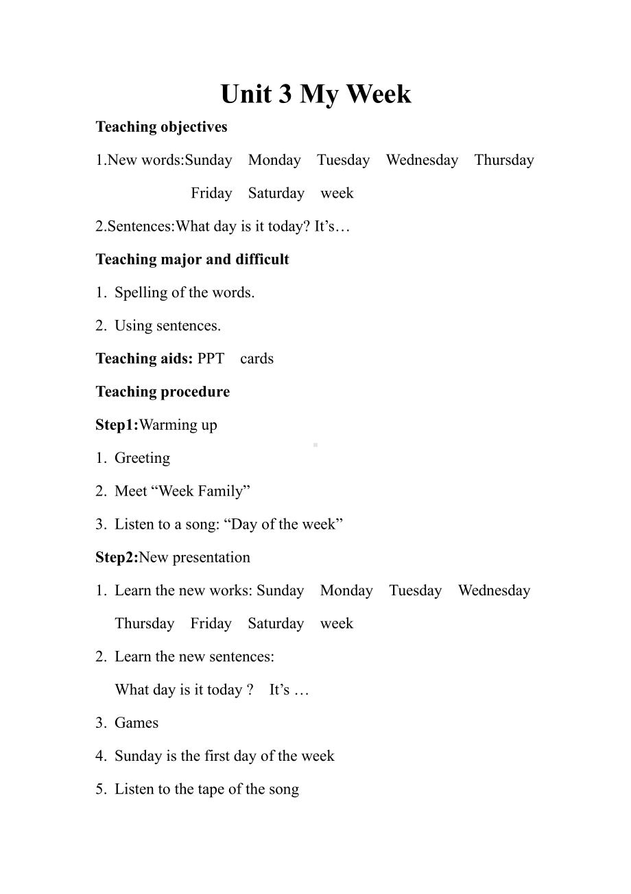 广东版四年级上册Unit 3 My Week-Lesson 1-教案、教学设计--(配套课件编号：f12dc).docx_第1页