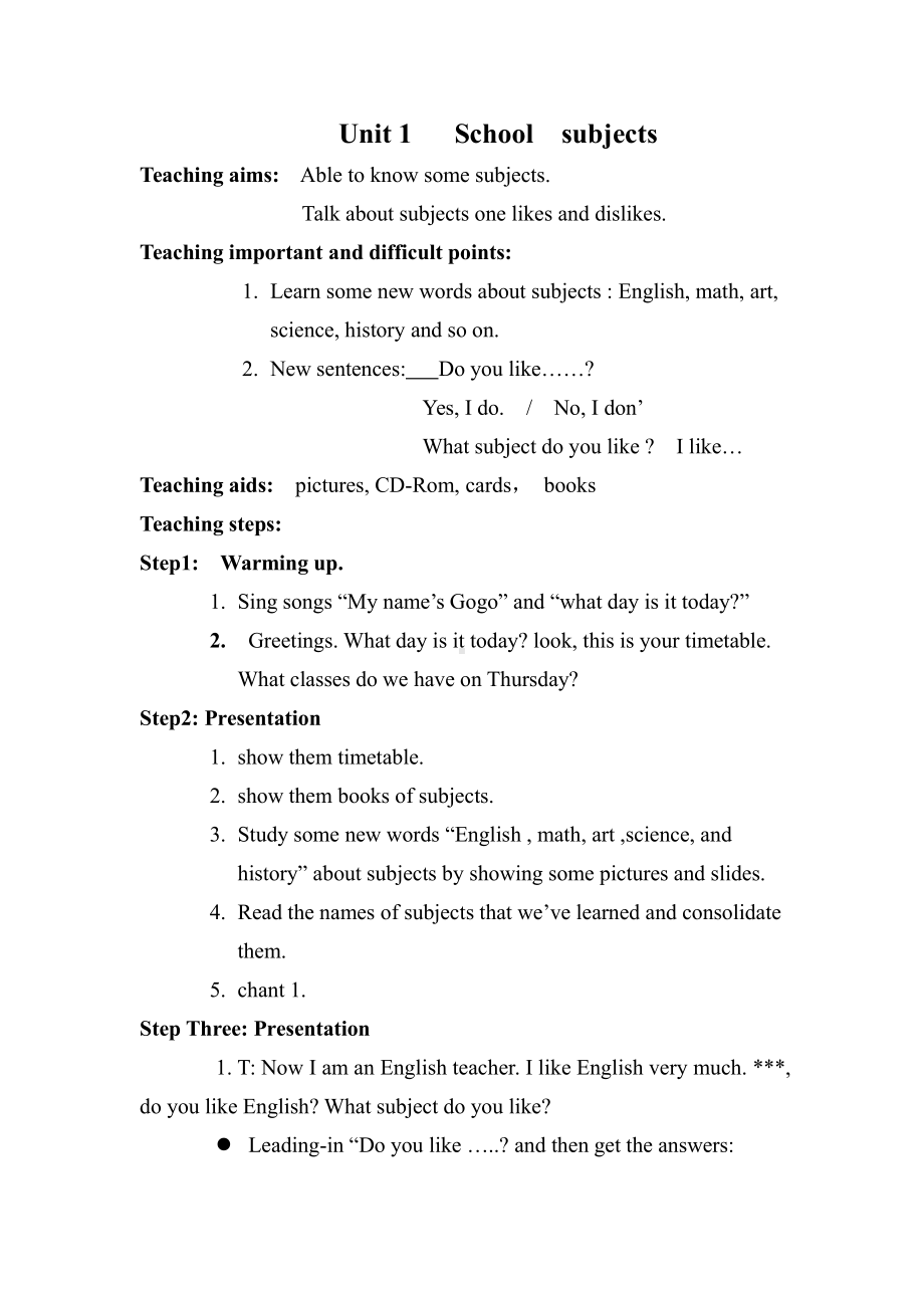 广东版四年级上册Unit 1 School Subjects-Lesson 1-教案、教学设计--(配套课件编号：801b9).doc_第1页