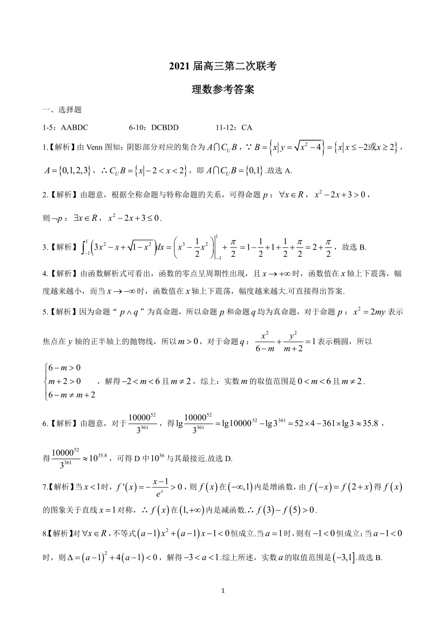 （数学）安徽省皖江名校联盟2021届高三第二次联考文科、理科数学试题数学（理）-答案.doc_第1页