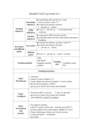 外研版（一起）二上Module 5-Unit 2 I go home at 5.-教案、教学设计-市级优课-(配套课件编号：30002).doc