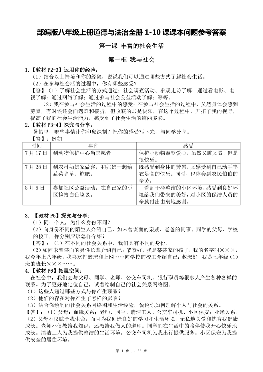 部编版八年级上册道德与法治全册1-10课课本问题参考答案（附全册知识点复习提纲）.doc_第1页