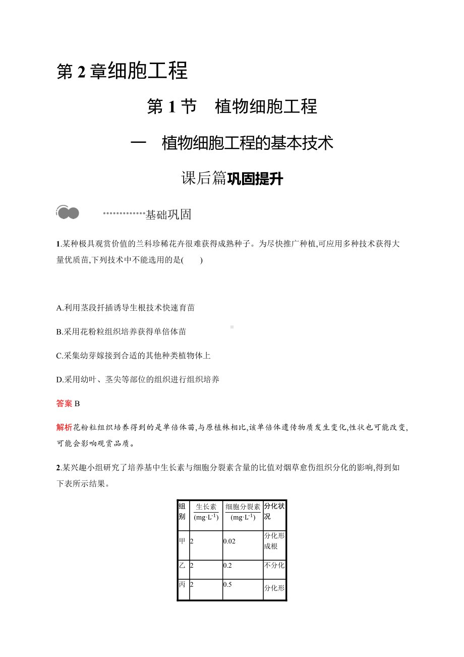 第2章 第1节 一 植物细胞工程的基本技术 练习-（新教材）2019新人教版高中生物选择性必修三.docx_第1页