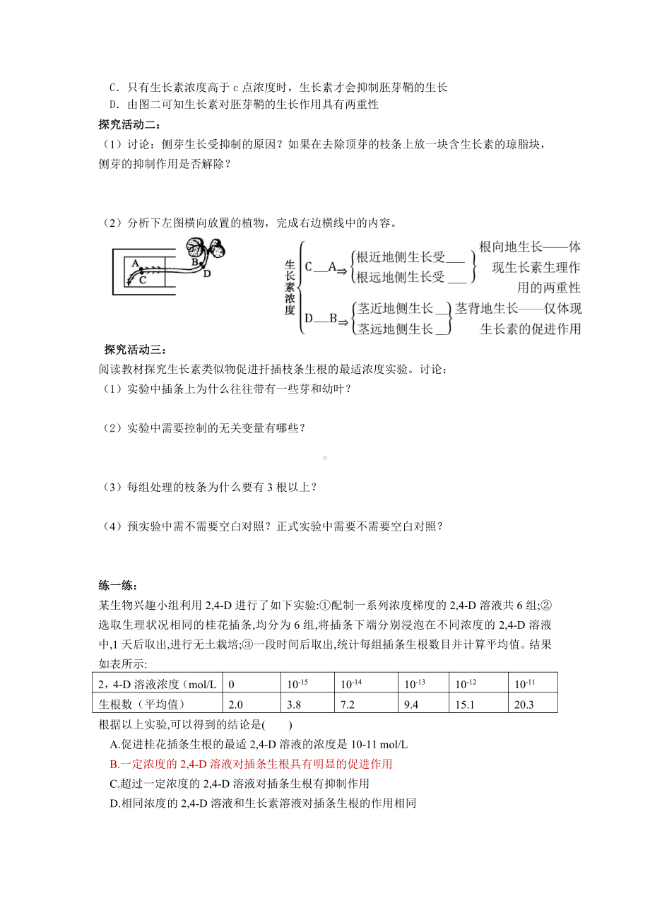 第4章课时2 生长素的作用和探究生长素类似物促进生根最适浓度 学案-（新教材）2019新苏教版高中生物选修性必修一.doc_第2页