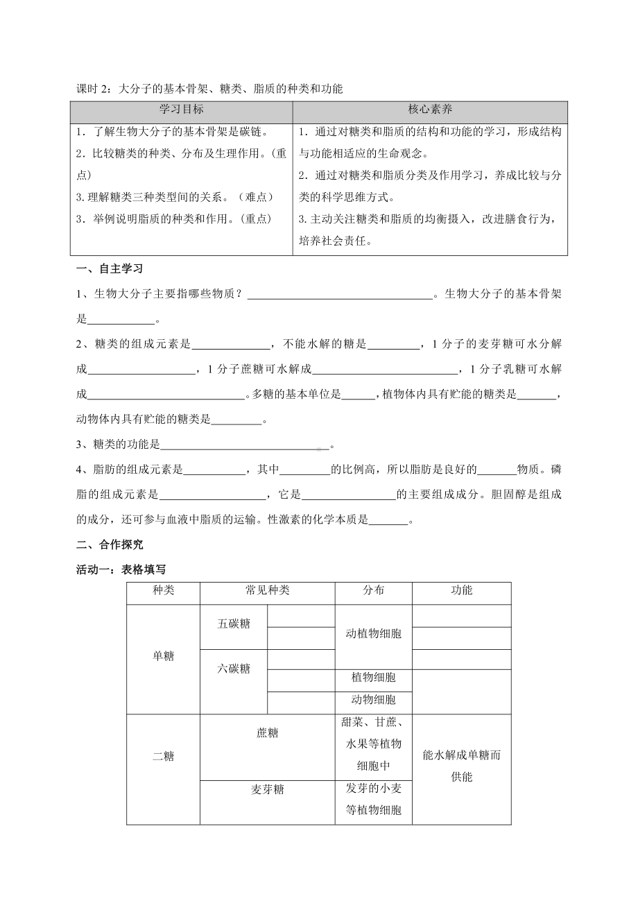 第1章课时2 大分子的基本骨架、糖类、脂质的种类和功能 学案-（新教材）2019新苏教版高中生物必修一.doc_第1页