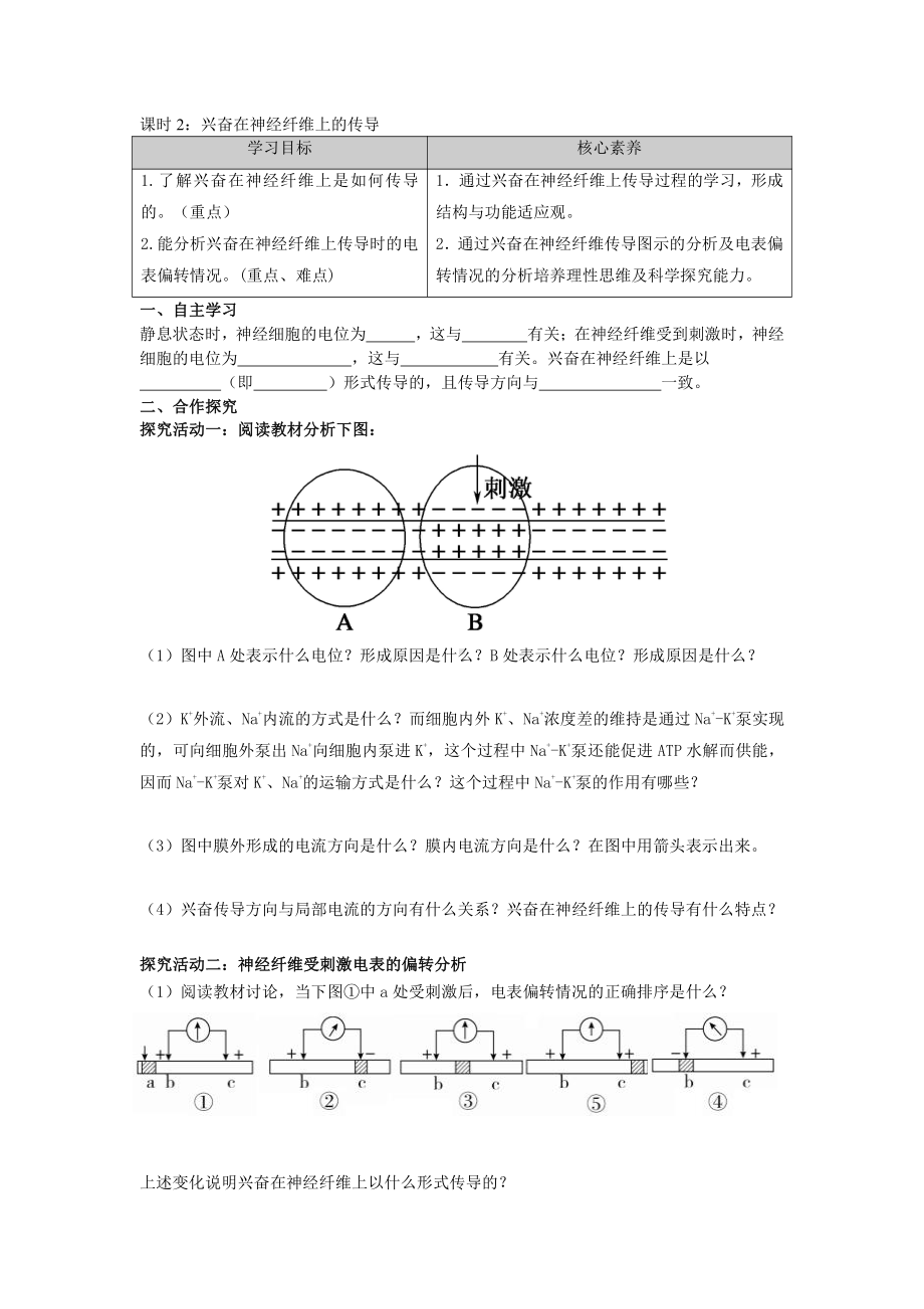 第一章课时2 兴奋在神经纤维上的传导 学案-（新教材）2019新苏教版高中生物选修性必修一.doc_第1页