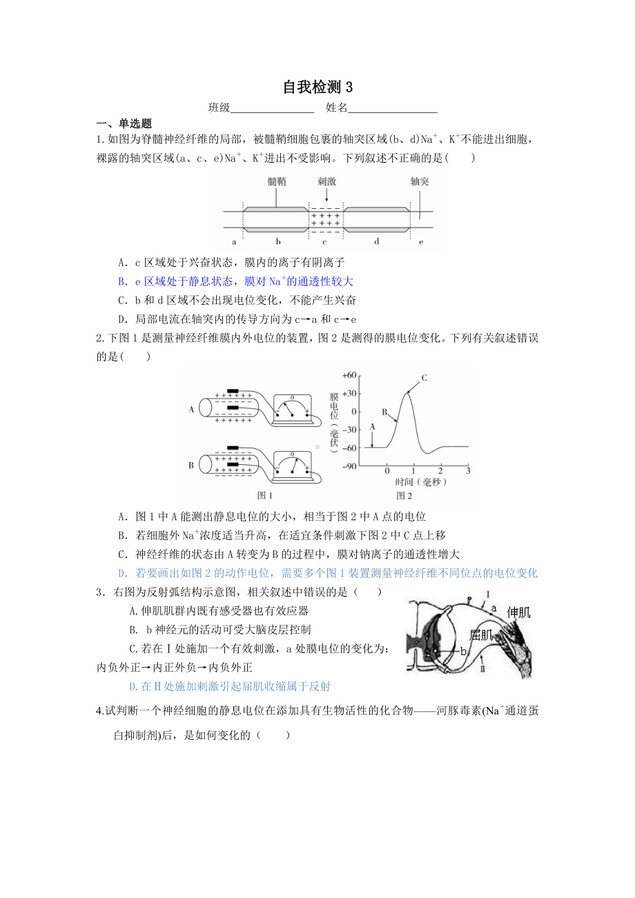 第一章课时2 兴奋在神经纤维上的传导 学案-（新教材）2019新苏教版高中生物选修性必修一.doc_第3页