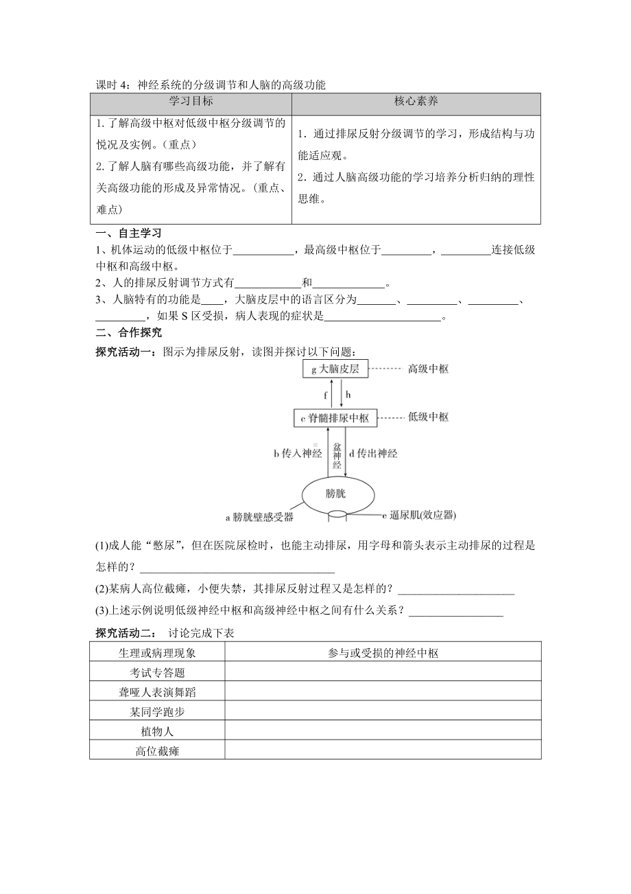 第一章课时4 神经系统的分级调节和人脑的高级功能 学案-（新教材）2019新苏教版高中生物选修性必修一.doc_第1页