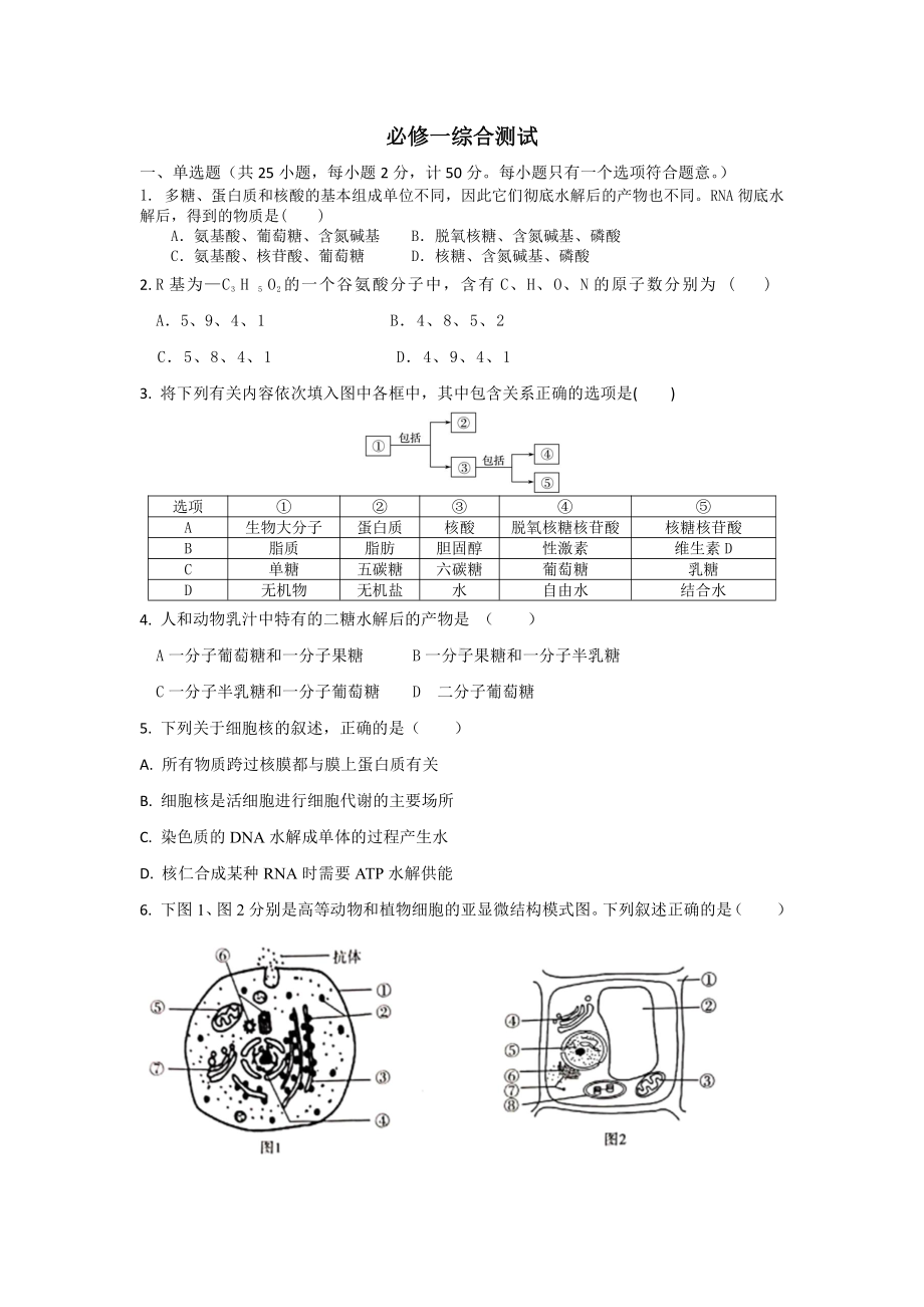 分子与细胞 综合测试-（新教材）2019新苏教版高中生物必修一.docx_第1页