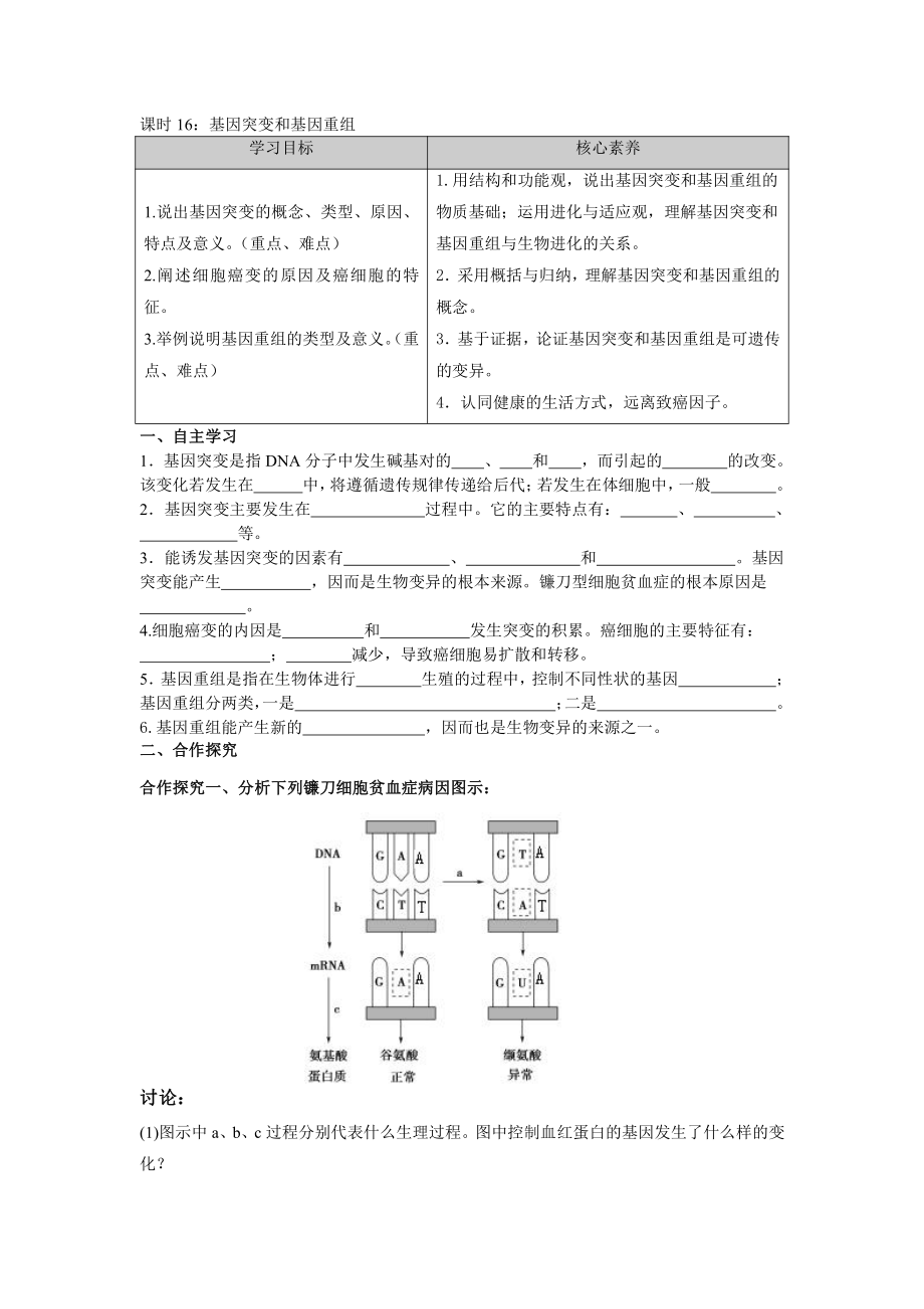 3.2基因突变和基因重组 学案-（新教材）2019新苏教版高中生物必修二.doc_第1页