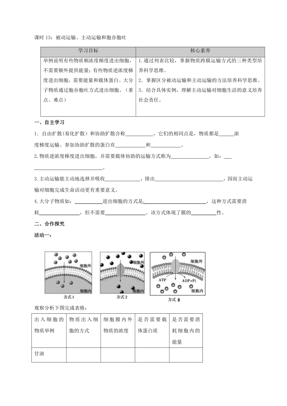 第2章课时13 被动运输、主动运输和胞吞胞吐 学案-（新教材）2019新苏教版高中生物必修一.doc_第1页