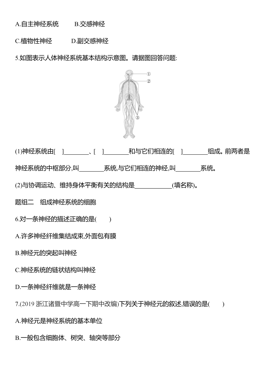 （新教材）2019新人教版高中生物选择性必修一练习：第二章第1节　神经调节的结构基础.docx_第2页