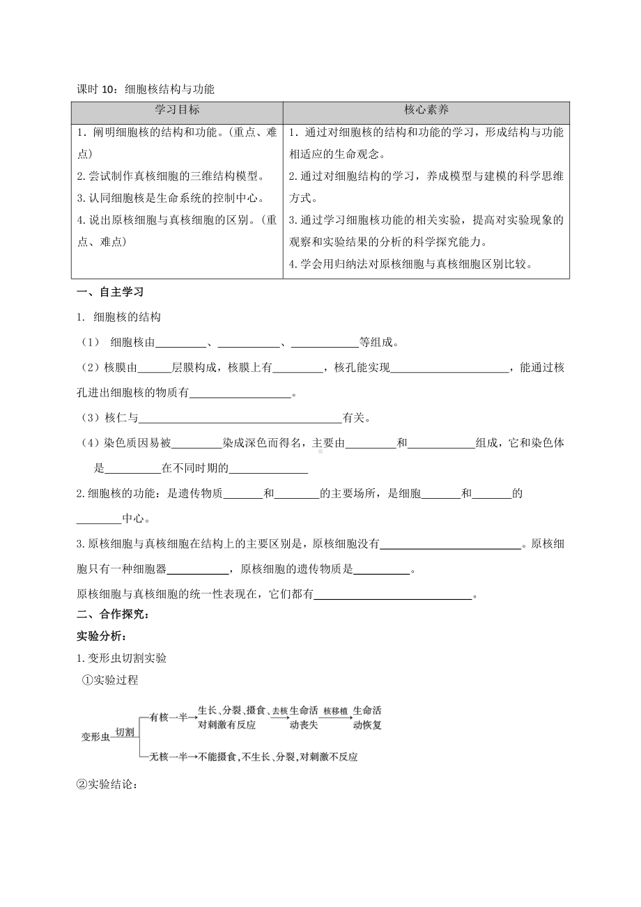 第2章课时10 细胞核结构与功能 学案-（新教材）2019新苏教版高中生物必修一.doc_第1页