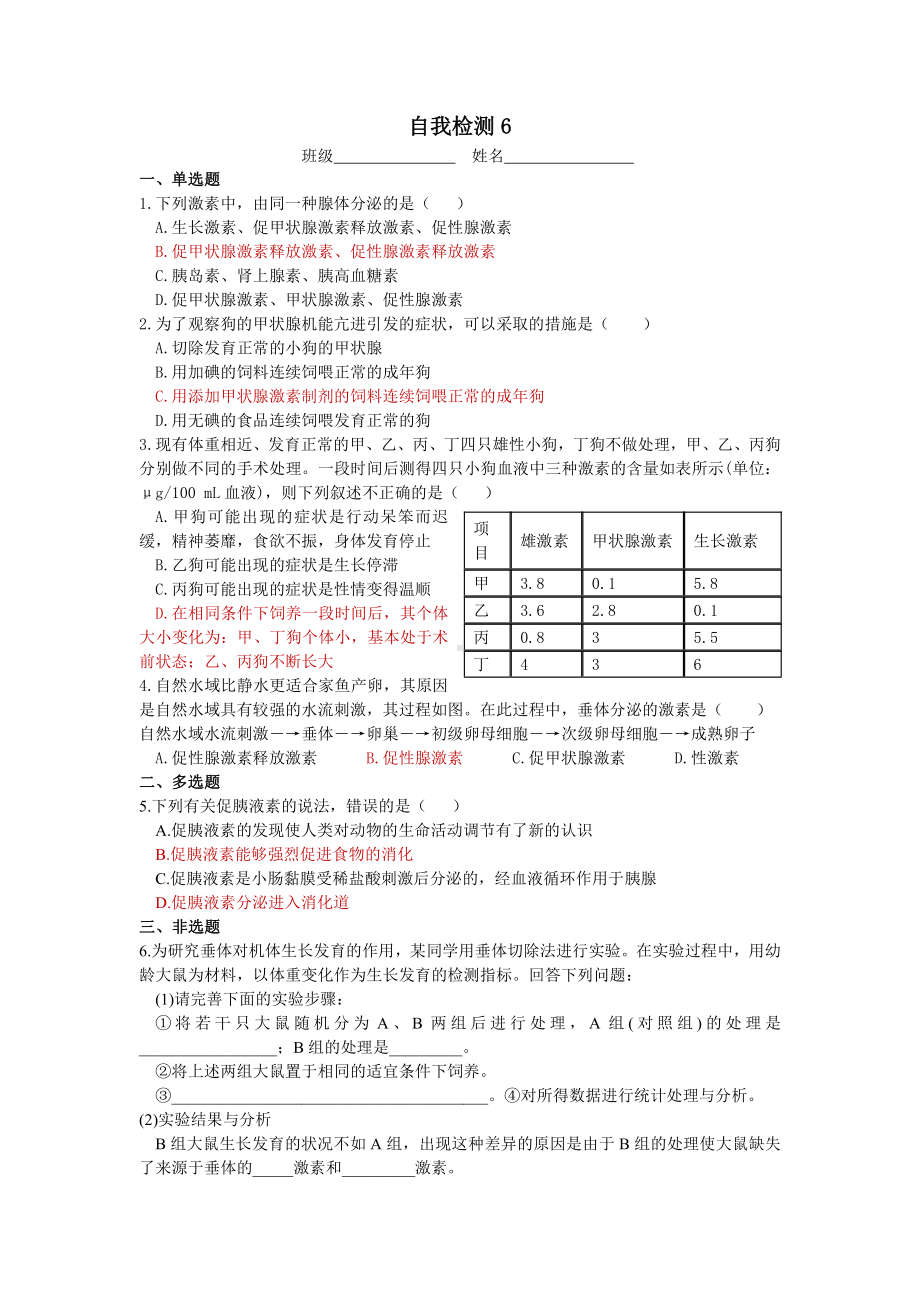 第一章课时5 激素调节作用的发现及内分泌系统分泌的激素 学案-（新教材）2019新苏教版高中生物选修性必修一.doc_第2页