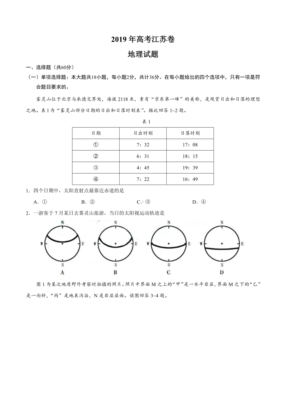 2019年江苏卷地理高考真题及答案解析(Word精编).docx_第1页