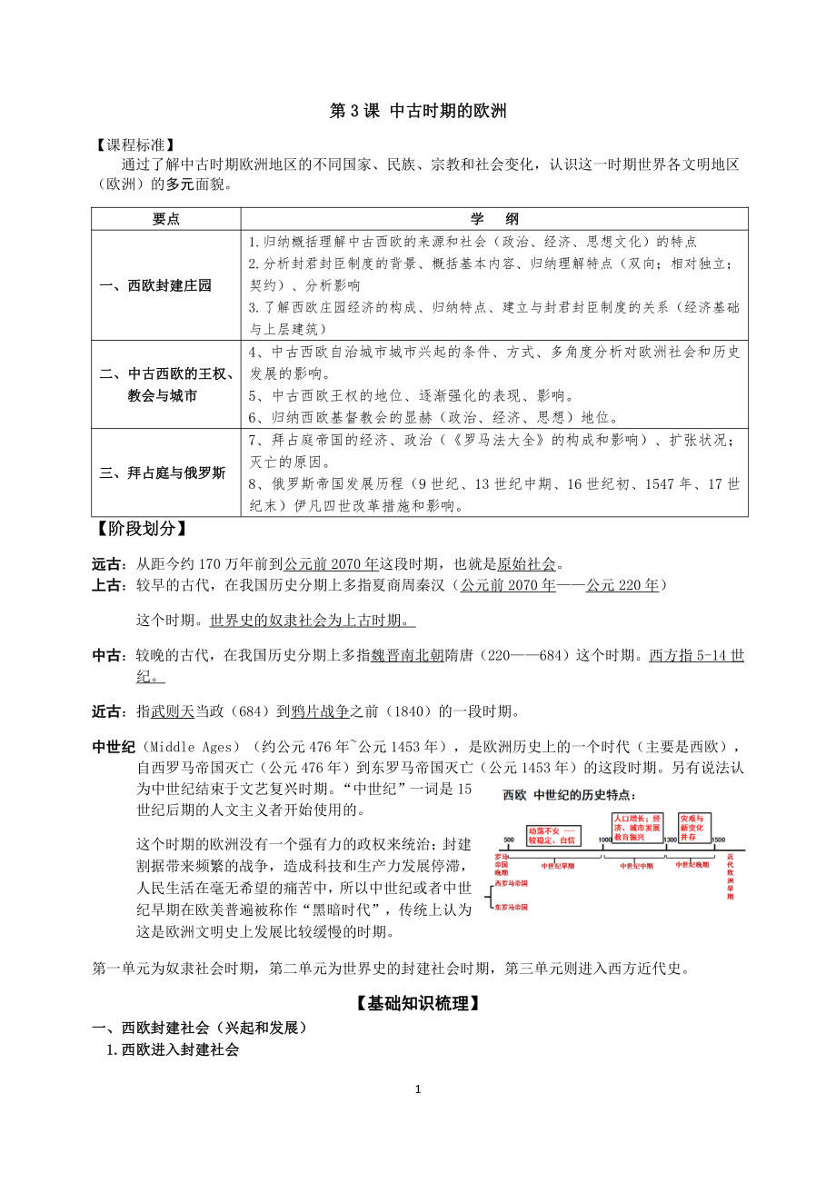 （新教材）2019统编版高中历史《必修中外历史纲要下册》第3课 中古时期的欧洲学案.docx_第1页