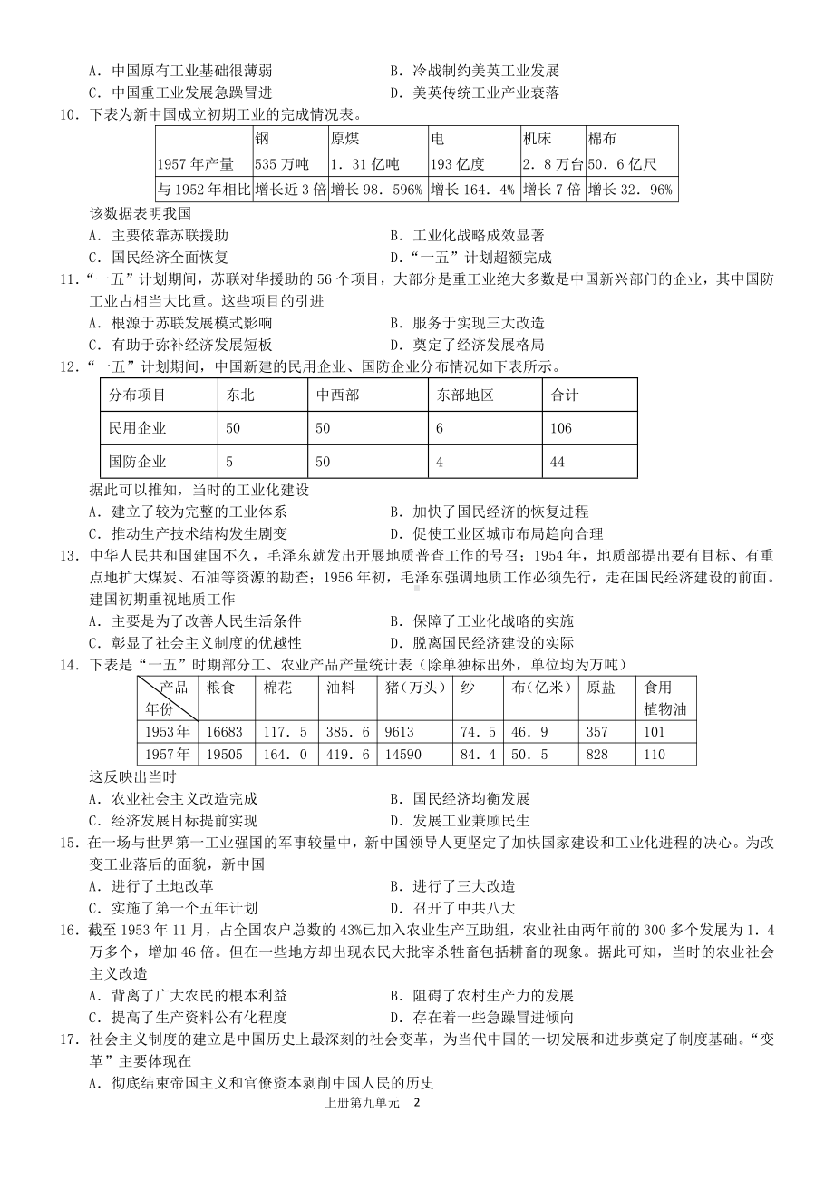 第九单元中华人民共和国的成立和社会主义建设单元测试-（新材料）2019统编版高中历史《必修中外历史纲要上册》.doc_第2页