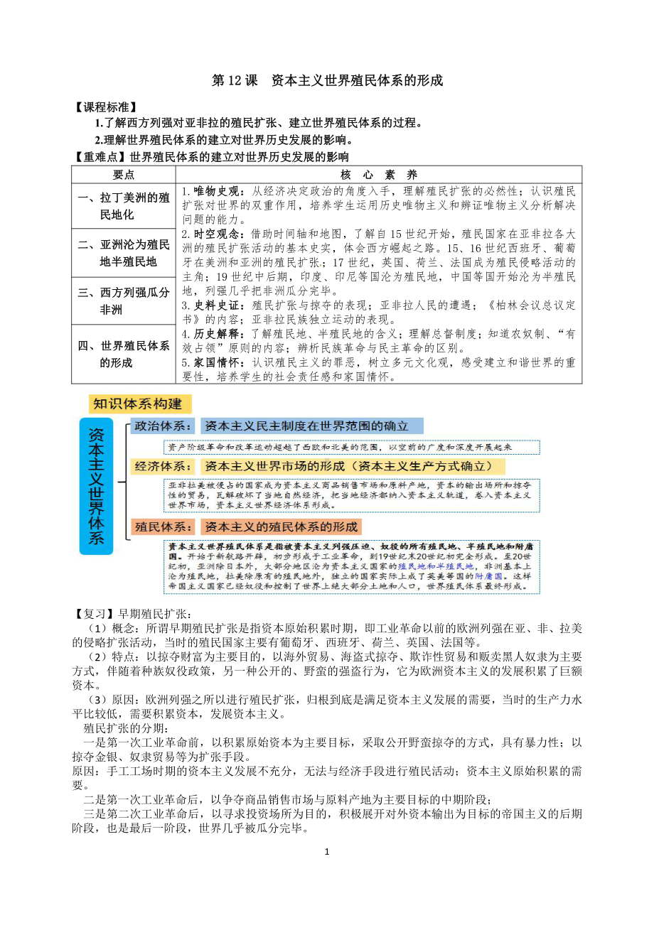 （新教材）2019统编版高中历史《必修中外历史纲要下册》第12课 资本主义世界殖民体系的形成学案.docx_第1页