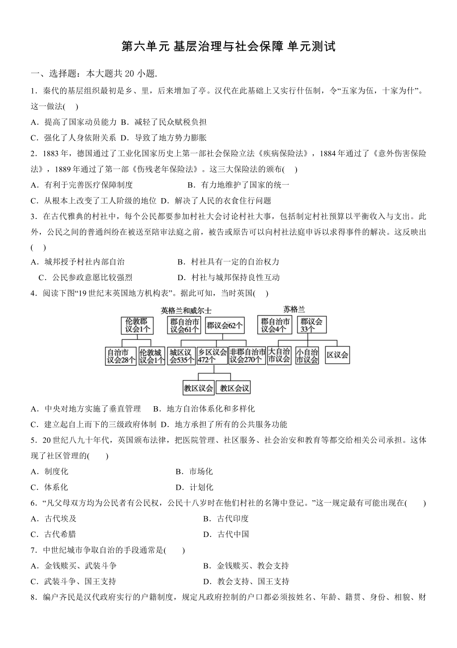 第六单元 基层治理与社会保障 单元测试-（新教材）2019新统编版高中历史选择性必修一国家制度与社会治理.docx_第1页