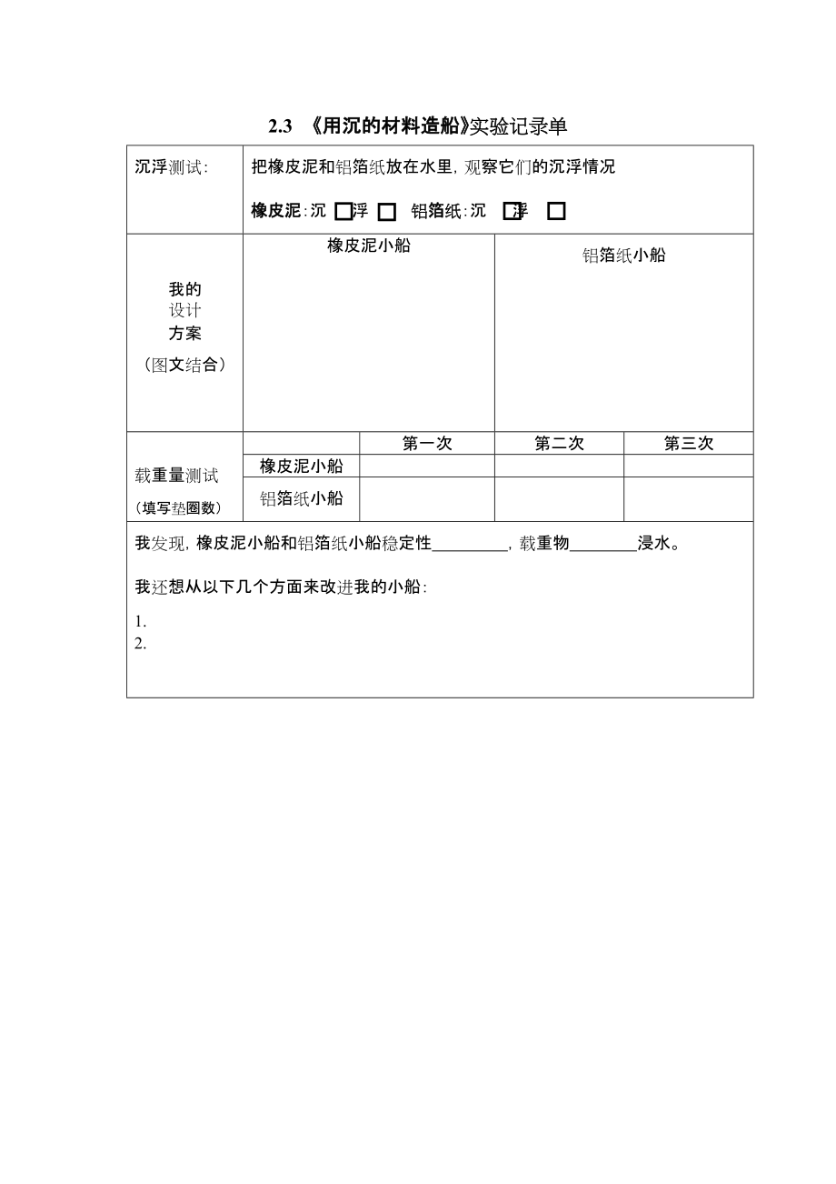 2.3《用沉的材料造船》ppt课件（含教案+视频+记录单）-2022新教科版五年级下册《科学》.rar