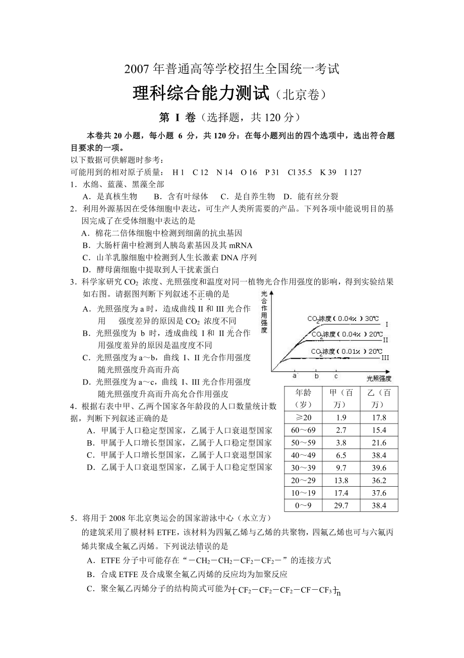 2007年高考试题-理综（北京卷）.doc_第1页