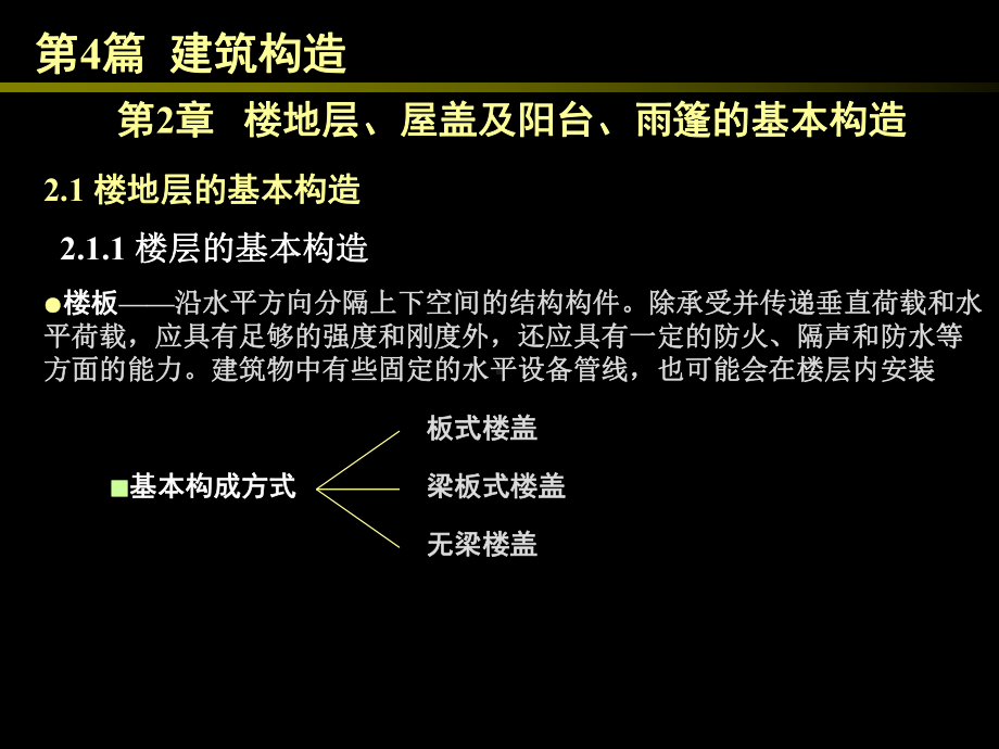 房屋建筑学（第四版）课件：4.2 楼地层、屋盖及阳台、雨篷的基本构造.ppt_第1页