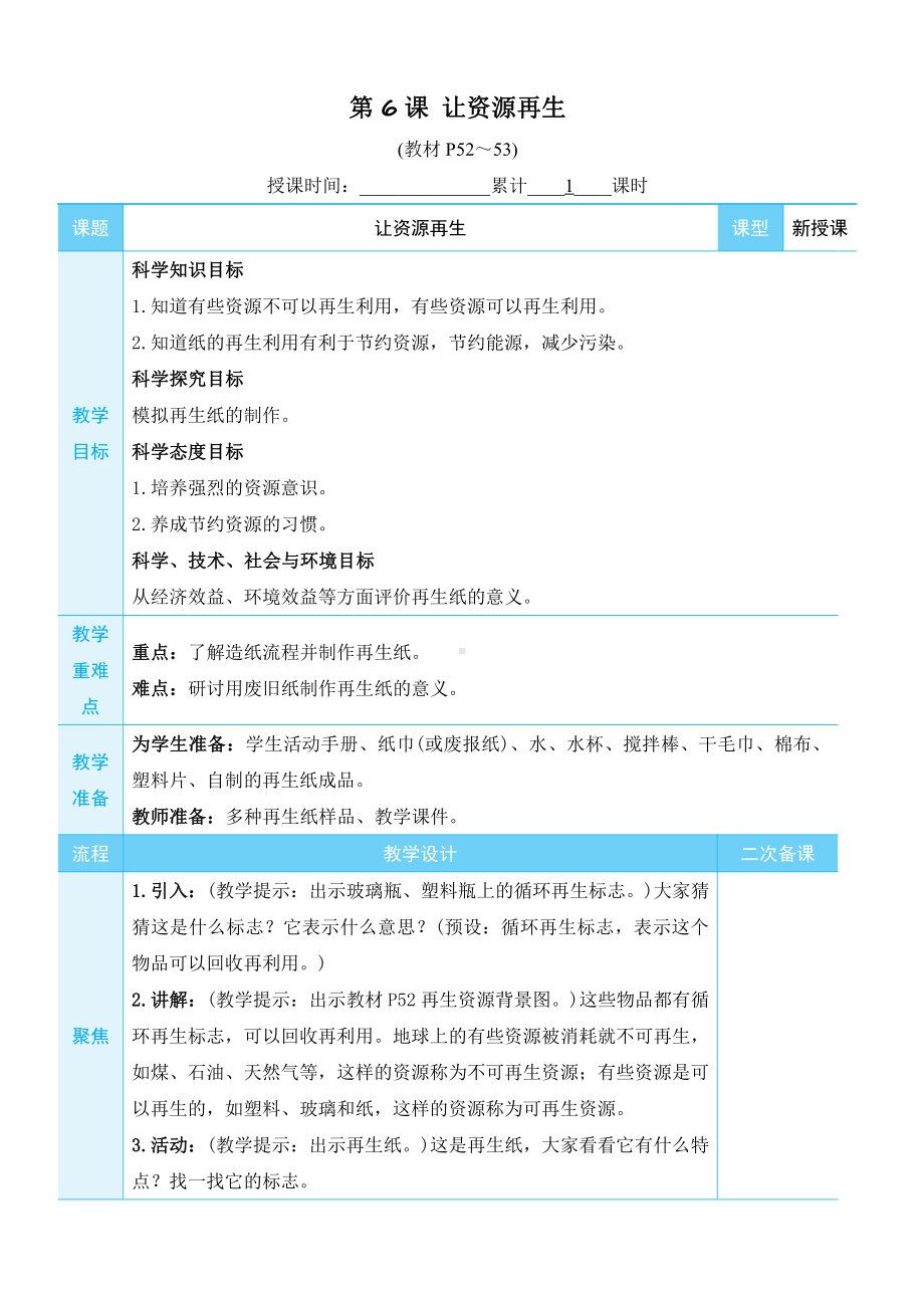 2022新教科版五年级下册科学3.6 让资源再生 教学设计+教学反思.docx_第1页