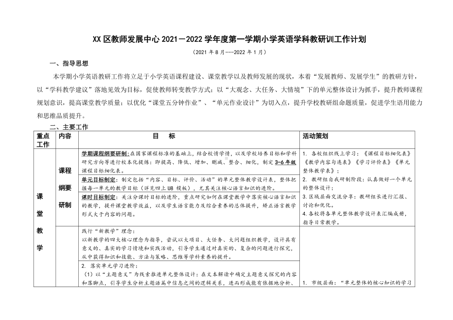 区教师发展中心2021-2022学年度第一学期小学英语学科教研训工作计划.doc_第1页