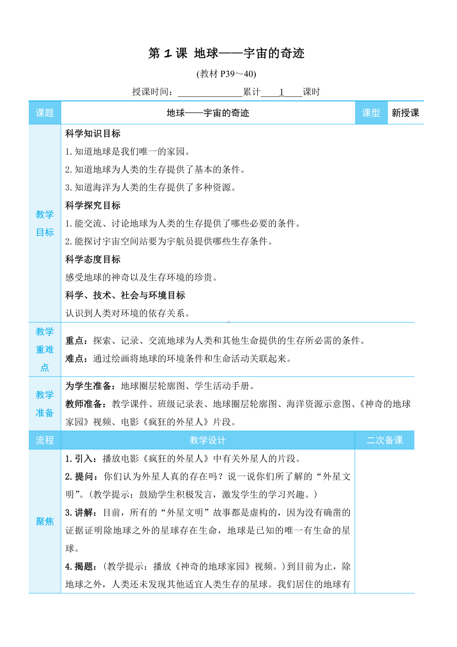 2022新教科版五年级下册科学3.1 地球-宇宙的奇迹 教学设计+教学反思.docx_第3页