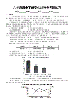 初中历史部编版九年级下册变化趋势类考题专项练习（附参考答案）.docx