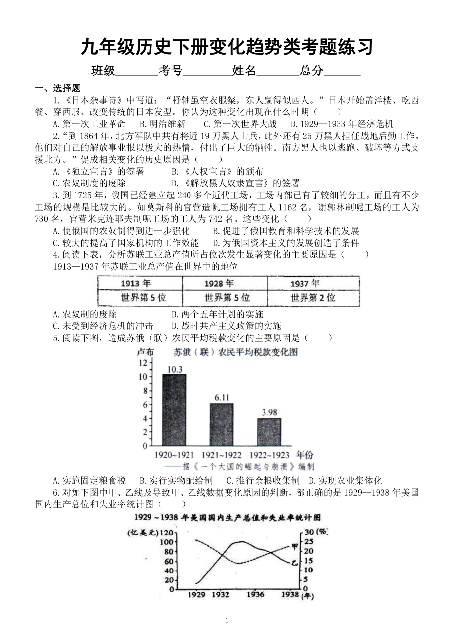 初中历史部编版九年级下册变化趋势类考题专项练习（附参考答案）.docx_第1页