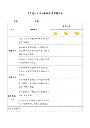 《人类对生物的影响》学习评价表-2021新湘科版四年级下册《科学》.doc