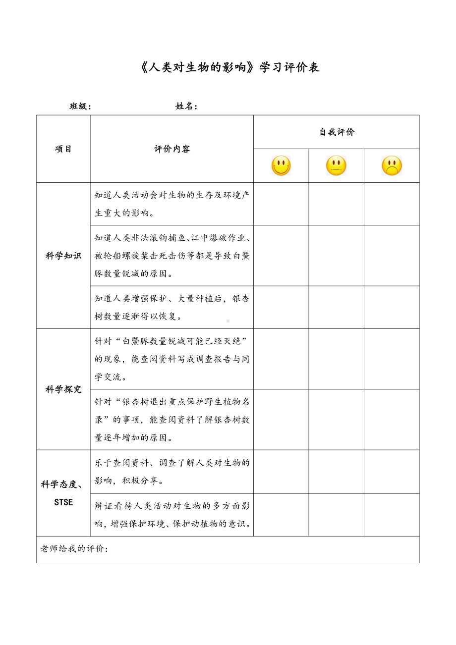 《人类对生物的影响》学习评价表-2021新湘科版四年级下册《科学》.doc_第1页