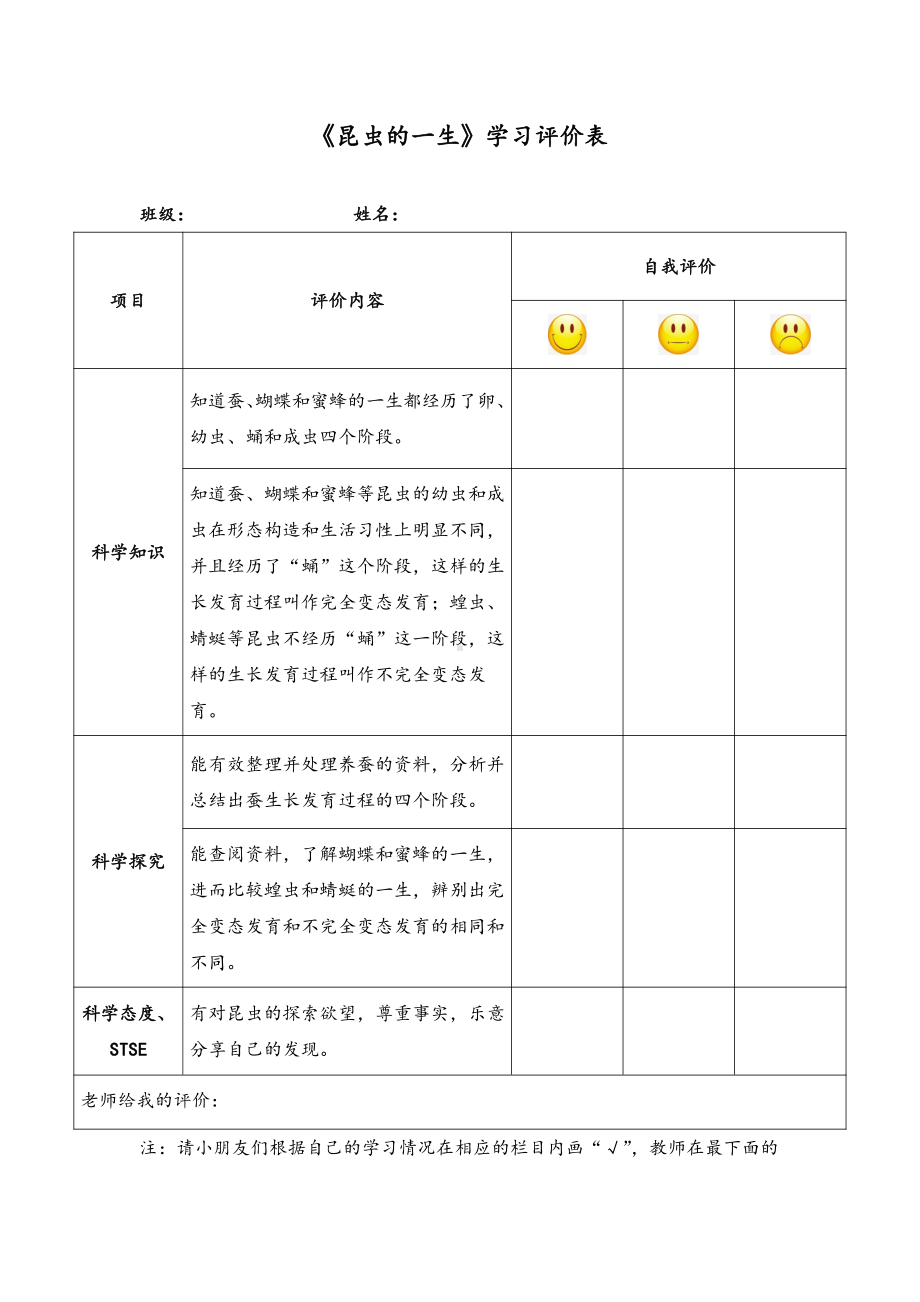 《昆虫的一生》学习评价表-2021新湘科版四年级下册《科学》.doc_第1页