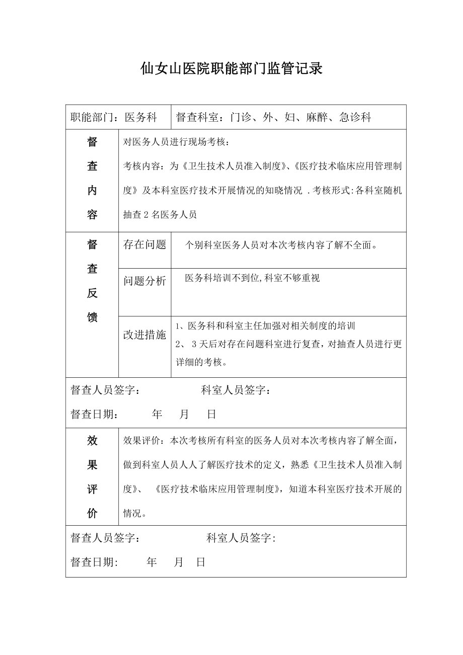 医院职能部门监管指导职能记录表.doc_第1页