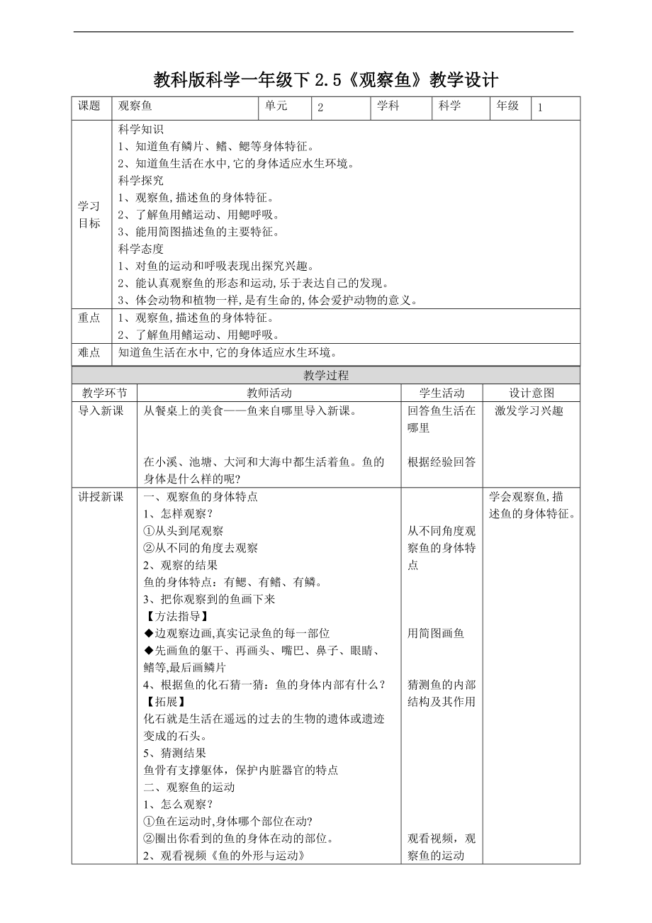 2022新教科版一年级下册科学2.5《观察鱼》ppt课件（含教案+练习+视频）.zip