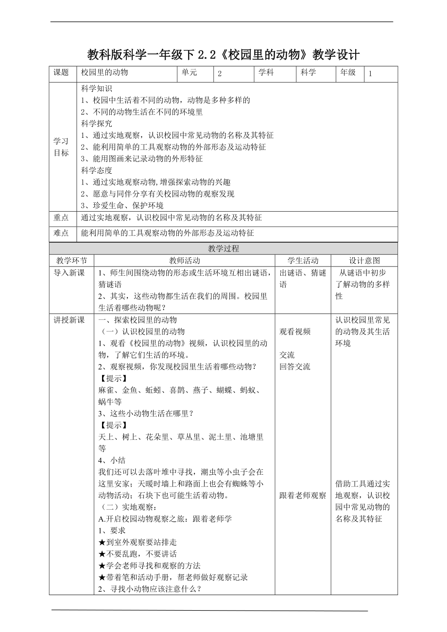 2022新教科版一年级下册科学2.2《校园里的动物》ppt课件（含教案+练习+视频）.zip