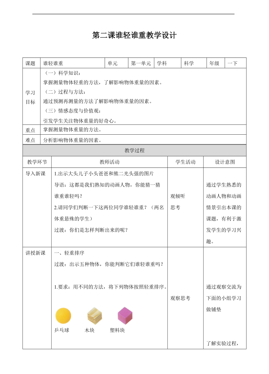 2022新教科版一年级下册科学第二课谁轻谁重（ppt课件（含教案+练习）.zip