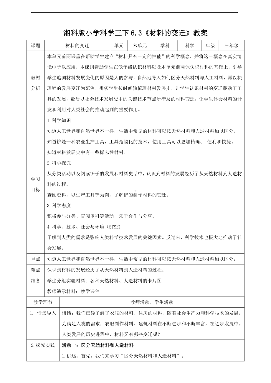 2022新湘科版三年级下册科学6.3《材料的变迁》教案.doc_第1页