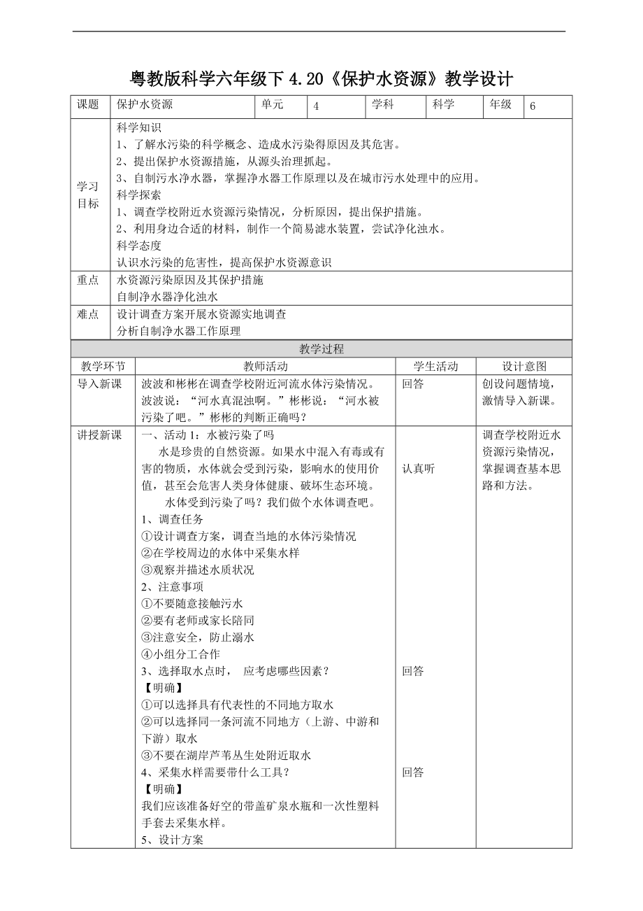 2022粤教粤科版六年级下册科学4.20《保护水资源》ppt课件（含教案+练习+视频）.zip