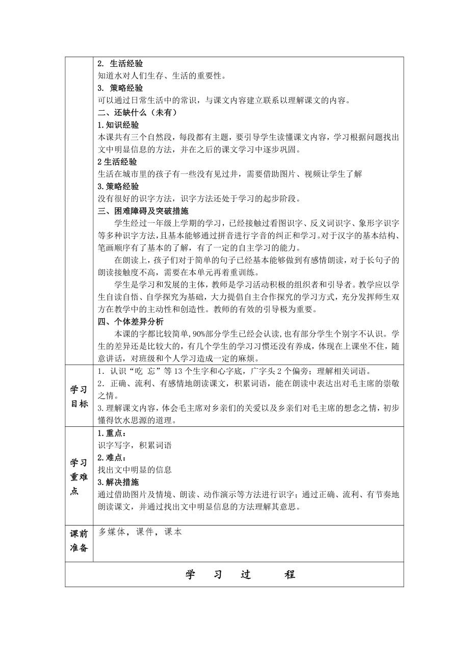 南京某学校部编版一年级语文下册《吃水不忘挖井人》教案（共2课时）.doc_第2页