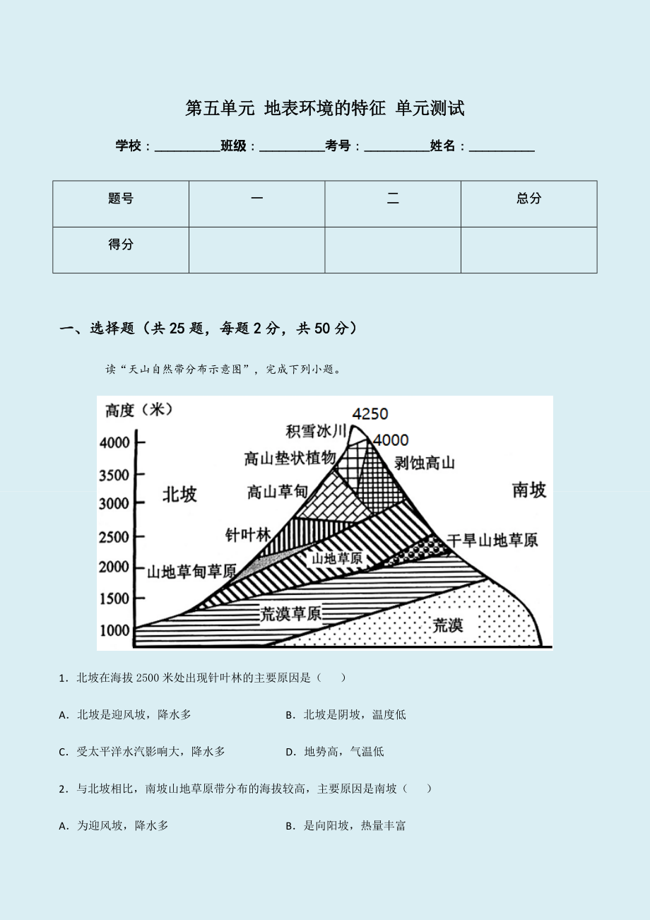 （新教材）2021鲁教版高中地理选择性必修一第五单元 地表环境的特征 单元测试（原卷版+解析版）.zip